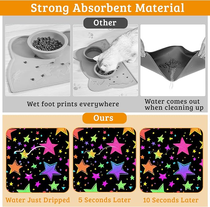 Neon Stars Dog Food Mat, Bright Colorful Absorbent Pet Feeding Mat - Image 3