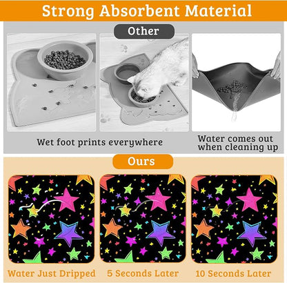 Neon Stars Dog Food Mat, Bright Colorful Absorbent Pet Feeding Mat - Image 3