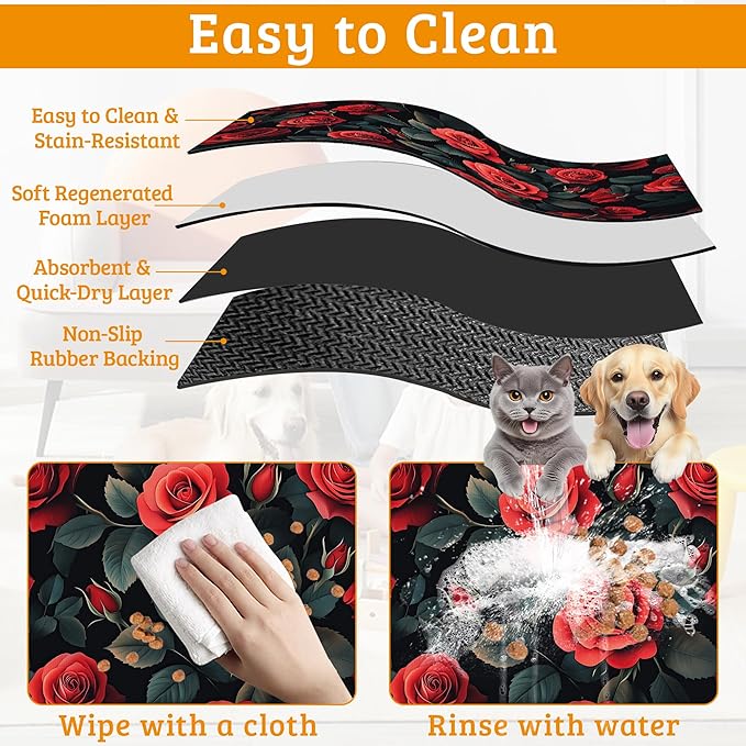 Retro Rose Feeding Mat, Non-Slip Rubber Backing Mat, Cat Dog Accessories - Image 5