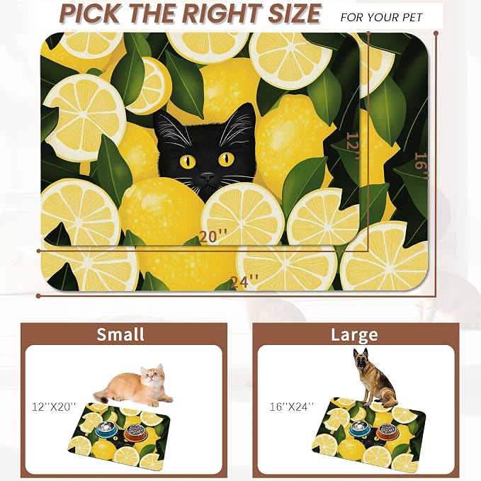 Black Cat Funny Dog Food Mat for Floors, Lemon Absorbent Pet Food and Water - Image 2
