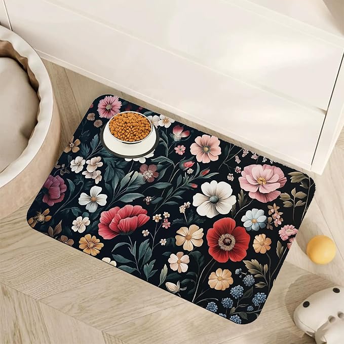 Floral Boho Dog Cat Food Mat, Non-Slip Water Bowl Placemat, Indoor Pet by Unknown