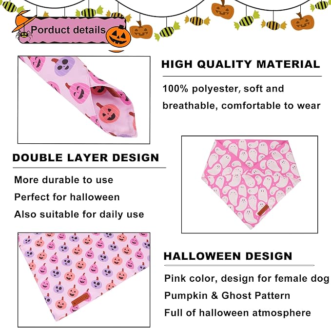 ADOGGYGO Pink Halloween Dog Bandanas 2 Pack, Reversible Ghost Pumpkin Scarf Bib - Image 5