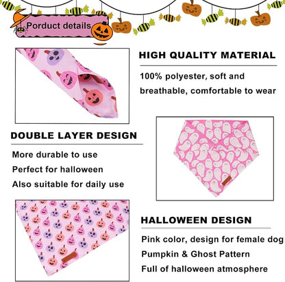ADOGGYGO Pink Halloween Dog Bandanas 2 Pack, Reversible Ghost Pumpkin Scarf Bib - Image 5