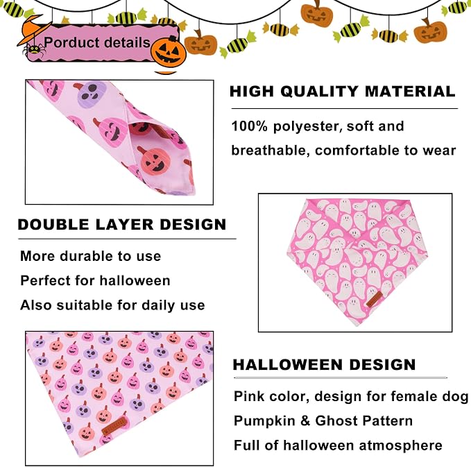 ADOGGYGO Pink Halloween Dog Bandanas 2 Pack, Reversible Ghost Pumpkin Scarf Bib - Image 5