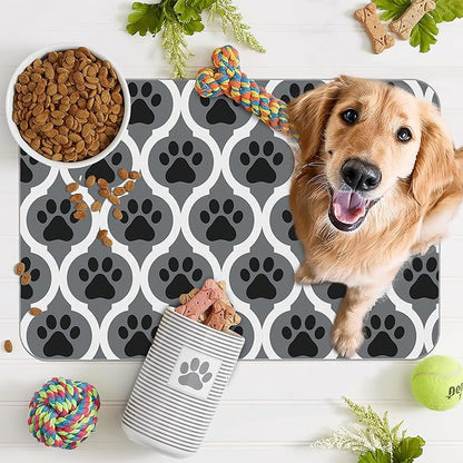 Gray Paw Print Geometric Dog Cat Food Mat, Absorbent Pet Feeding Mat - Image 7