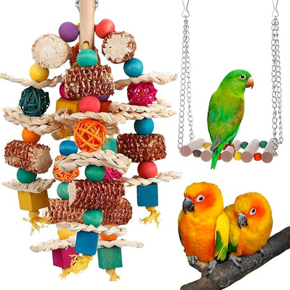 2 pcs Parrot Toys, Natural Corn Cob Bird Chewing Toys and Bird Swing Toy by CNYMANY