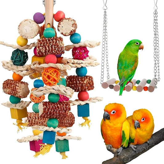 2 pcs Parrot Toys, Natural Corn Cob Bird Chewing Toys and Bird Swing Toy by CNYMANY