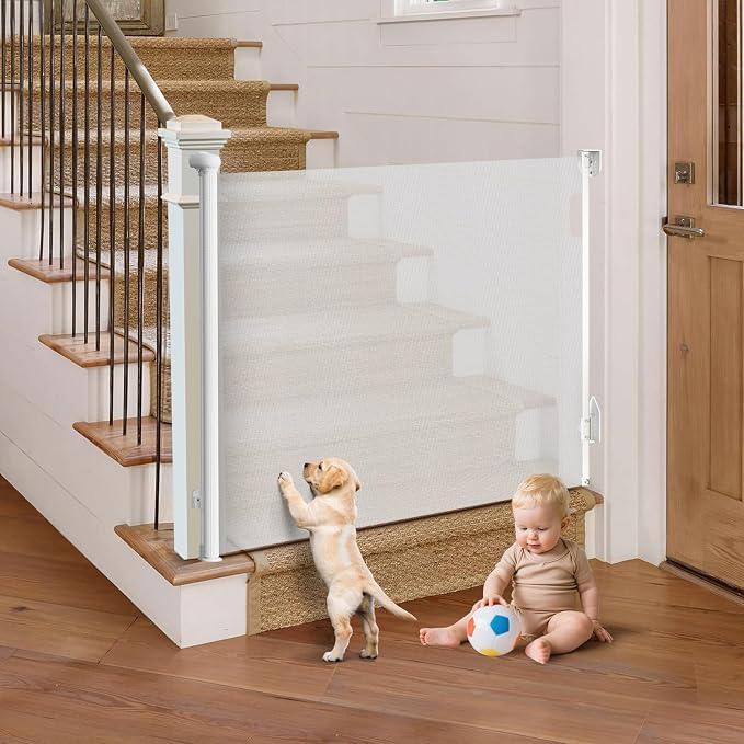 Retractable Baby Gate for Stairs, Automatic Tension, One-Hand Operation by Unknown