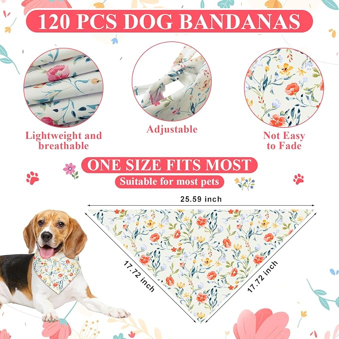 Reginary 120 Packs Spring Dog Bandanas Bulk Flower Dog Scarf Adjustable Holiday - Image 2