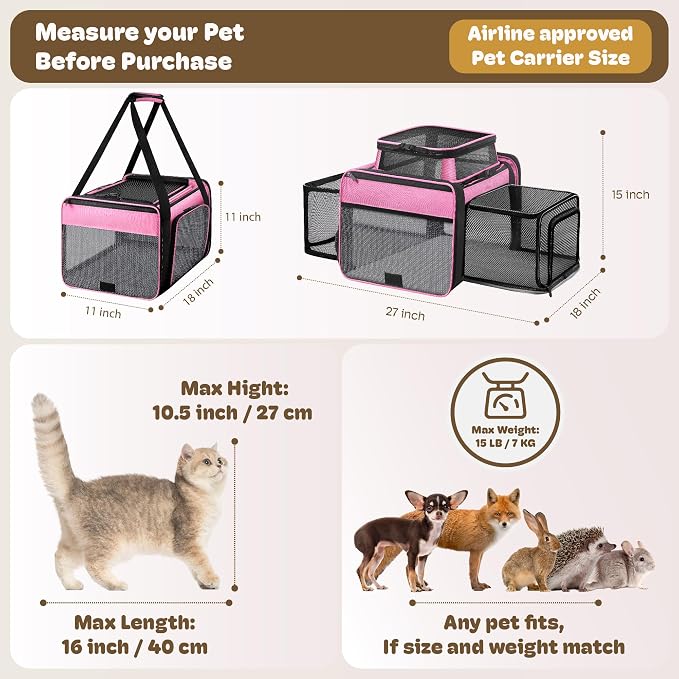 Top and 2 Sides Expandable Cat Carrier 18x11x11, TSA Airline Approved Dog - Image 4