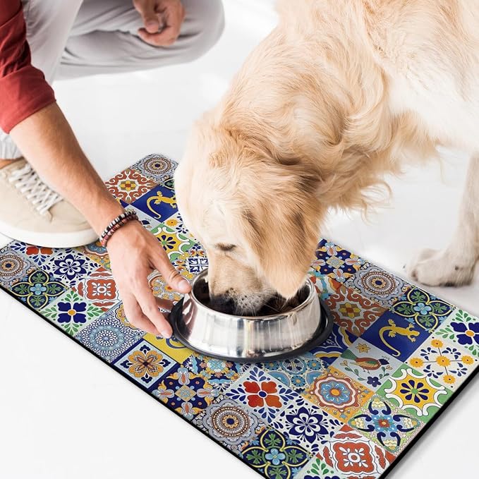 Moroccan Trellis Dog Food & Water Mat, Mexican Talavera Boho Colorful Pet - Image 3
