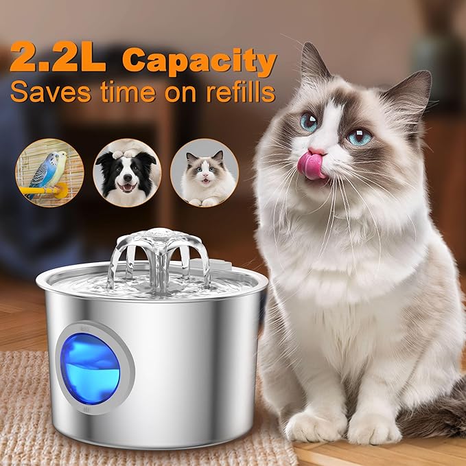 Cat Water Fountain with 6 Filters Advanced 304 Stainless Steel 2.2L/74oz with - Image 2