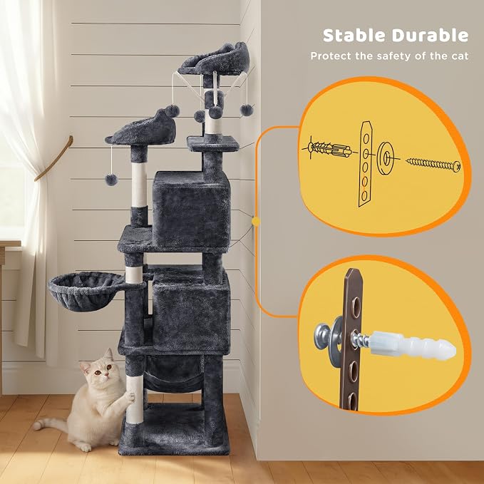 Yaheetech Cat Tree, 67in Large Tower w/ 3 Removable Teaser Sticks, 2 Kitten-Ear - Image 7