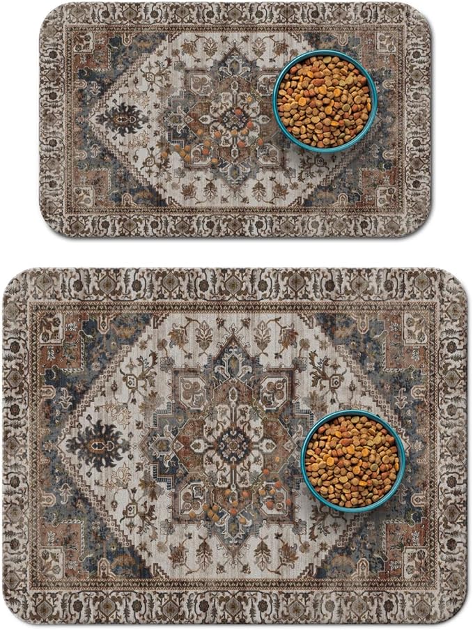 2 Pack Dog Food Mats for Floors, Absorbent and Quick-Drying Pet Cat Food Mat by QXWREL