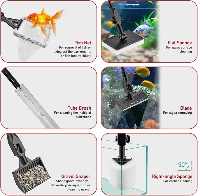 6 in 1 Aquarium Cleaning Tool Kit Fish Tank Algae Scraper, Sponge Pad, Fish Net - Image 5