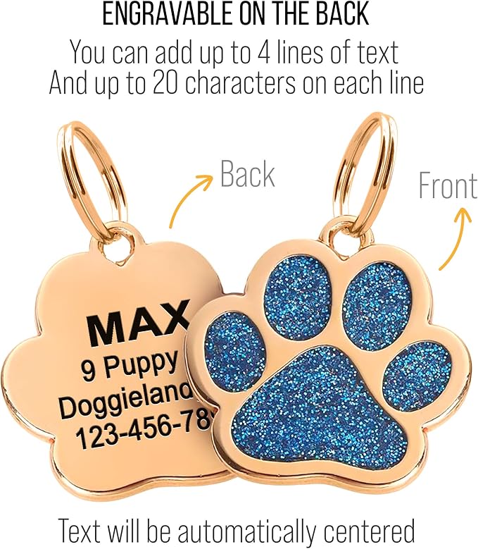 Paw Shape Dog ID Tag Stainless Steel Custom Laser Engraved, Cute Bling Glitter - Image 2