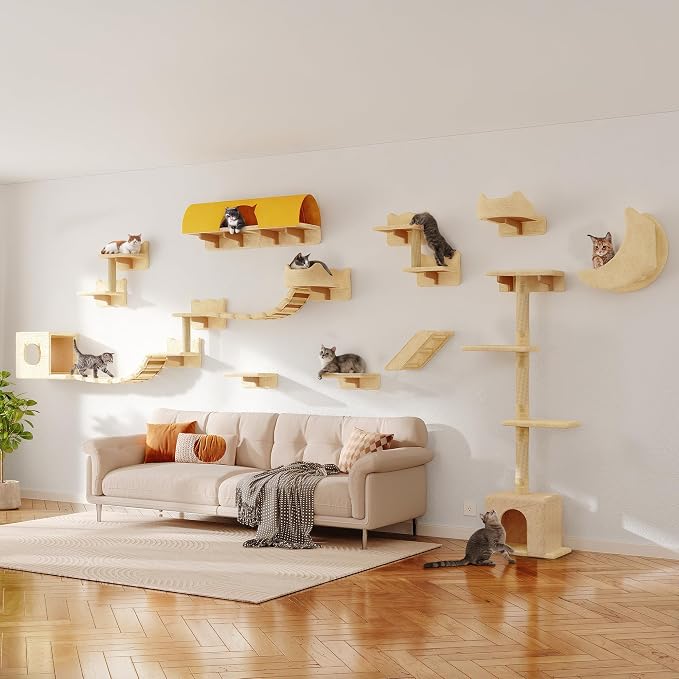20-in-1 Cat Wall Shelves, Wall Mounted Pet Furniture w/Plush Fabric, Cat - Image 8