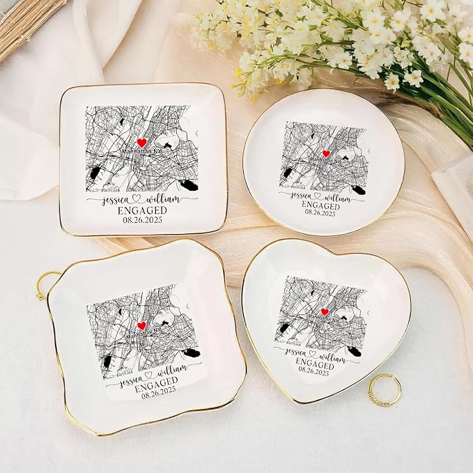 Custom Location Map Engaged Ring Dish Engagement Gift, Jewelry Tray Gifts - Image 3