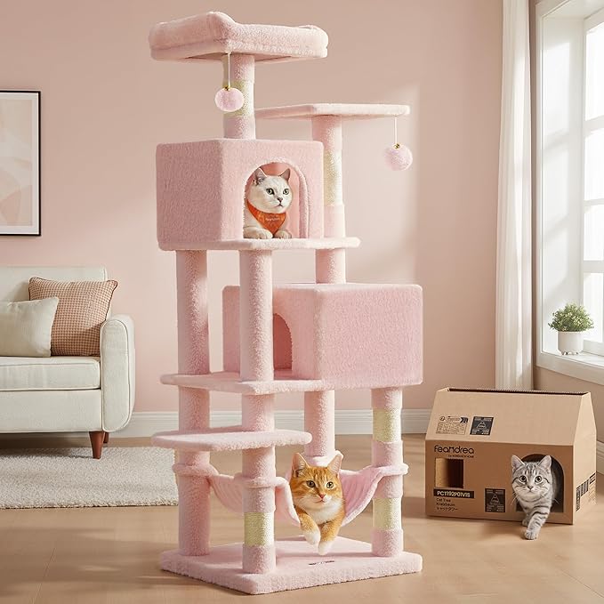 Feandrea Cat Tree, 59.5-Inch Tall Cat Tower, Plush Multi-Level Condo by FeandreabySONGMICSHOME