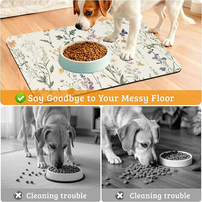 Wildflowers Butterfly Dog Cat Food Mat, Plants Absorbent Waterproof Placemat - Image 4