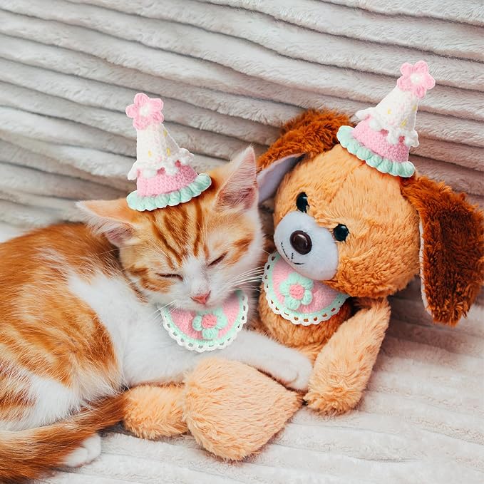 Sanwuta 2 Pcs Cat Birthday Party Supplies, Knit Cat Hat Kitten Birthday Bib - Image 6