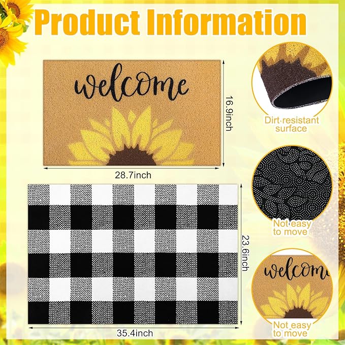 Tinideya 2 Pcs Summer Door Mat Sunflower Welcome Non Slip Coir Mats Floral - Image 2