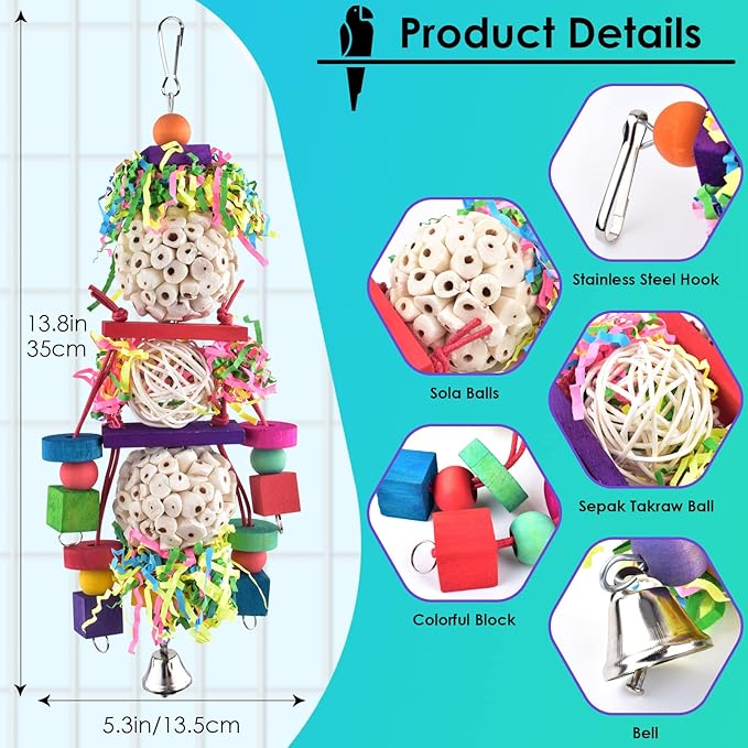 Bissap Conure Toys, Bird Parrot Foraging Shredder Hanging Toys Sola Balls Sepak - Image 2