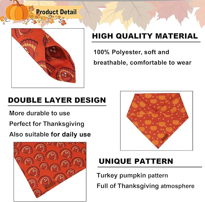 ADOGGYGO Thanksgiving Dog Bandanas 2 Pack, Reversible Pumpkin Turkey Pet Scarf - Image 5