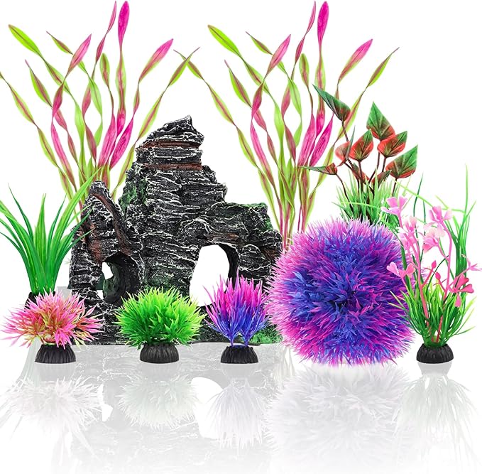 10pcs Aquarium Artificial Plastic Plants Decorations and Rock Cave Decor Set by QUOZUO