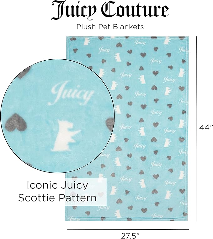 Juicy Couture Plush Flannel Pet Throw Blanket, Turquoise Juicy Scottie Hearts - Image 3