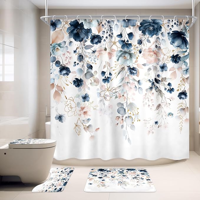 4 PCS Navy Blue Floral Flower Shower Curtain Set 72Wx72H Inch Watercolor Pastel by Ufeela