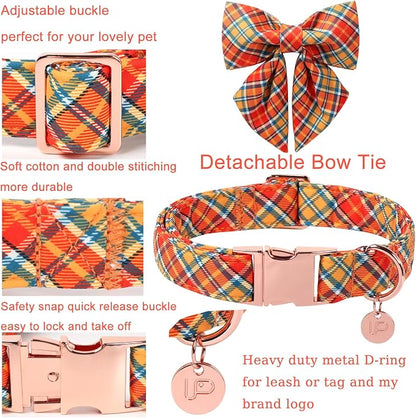 Autumn Plaid Dog Collar and Bow Tie Set – Orange Yellow Checkered Adjustable - Image 2