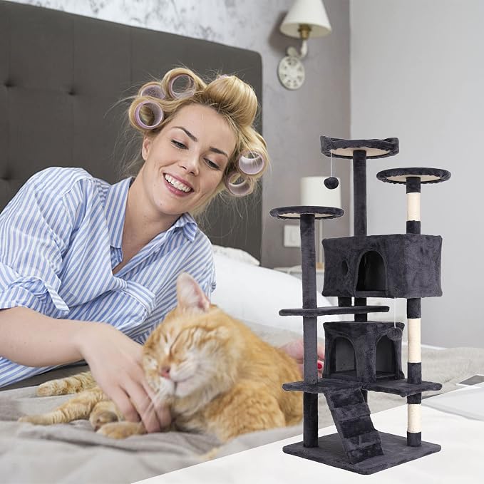 Heavy Duty Cat Tree Tower, Cat Condo, Hanging Ball, Light Grey - Image 2