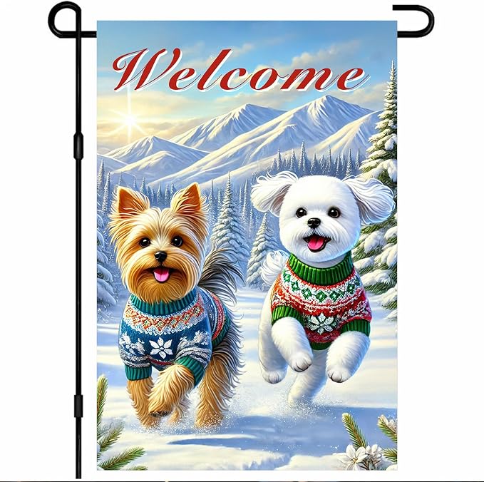Welcome Winter Garden Flag Two Cheerful Dogs Flag Winter Sweaters 12x18 Inch by BlissYard