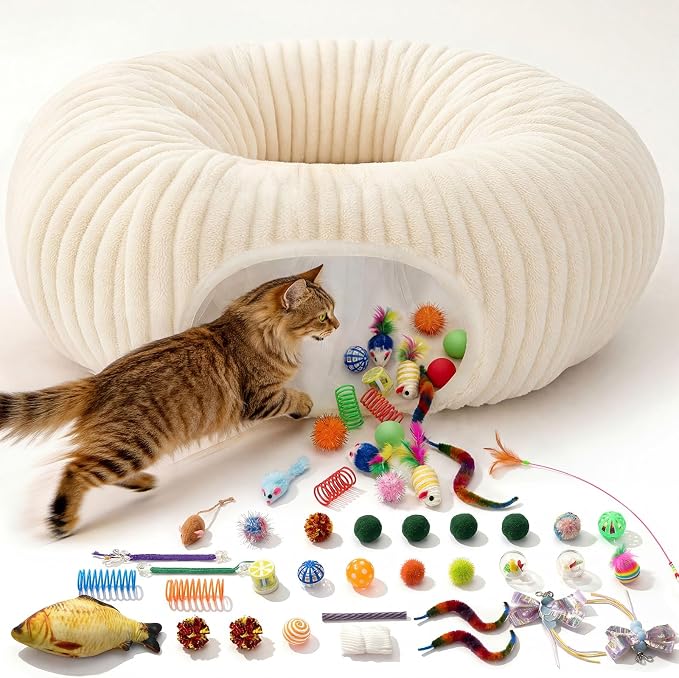 Cat Tunnel Bed with 40 Pcs Interactive Cat Toys, Cat Tube with Kitten Toys by MOYMO