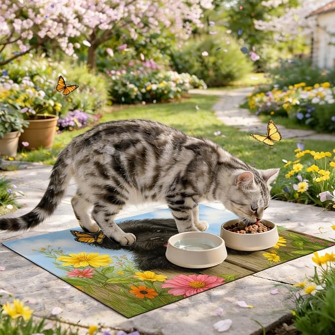 Spring Pet Feeding Mat 24" x 16"Puppy and Butterfly Floral Garden Design Non - Image 8