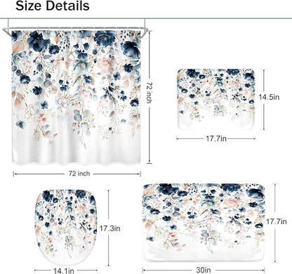 4 PCS Navy Blue Floral Flower Shower Curtain Set 72Wx72H Inch Watercolor Pastel - Image 4