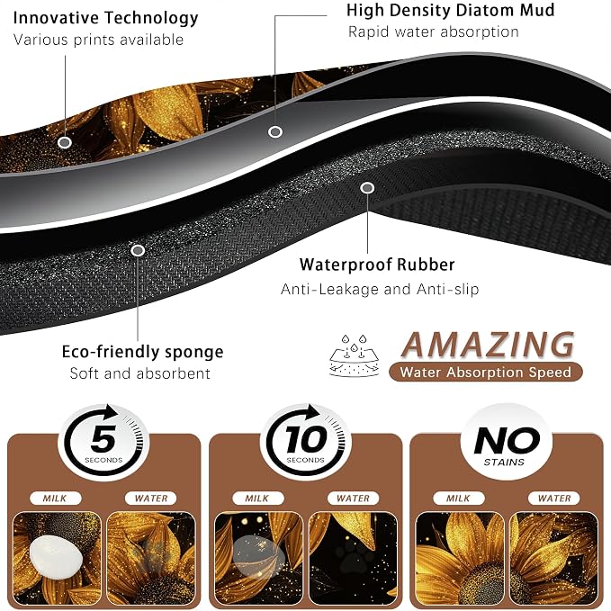 Sunflower Vintage Pet Feeding Mat, Absorbent Quick-Dry Cat Dog Food and Water - Image 3