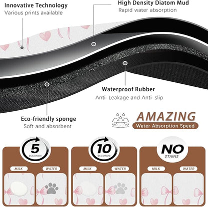 Cute Pink Bow Dog Food Mat for Floors, Heart Absorbent Pet Food and Water Bowl - Image 3