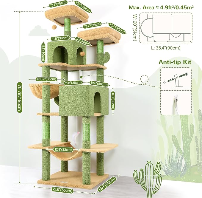 Globlazer Cactus Cat Tree Tower 76-Inch Extra Tall Multi-Level Cat Furniture - Image 7