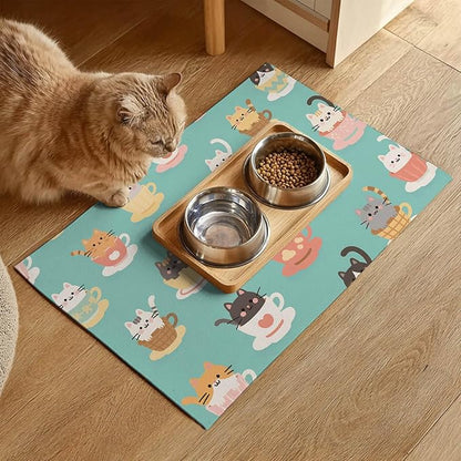 Cat Feeding Mat 24x16 inch Teacup Kitten Print Pet Bowl Placemat Non Slip Floor - Image 2