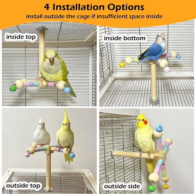Bird Stand Perch Toy with Bells, Interactive Spinning Parakeet Toys, Wooden - Image 6