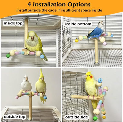 Bird Stand Perch Toy with Bells, Interactive Spinning Parakeet Toys, Wooden - Image 6