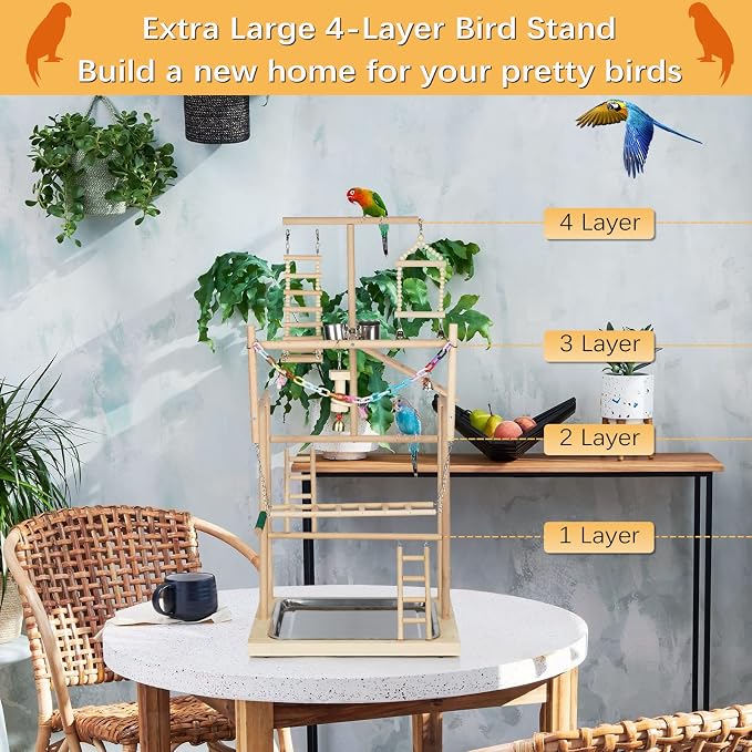 Pet Parrot Playstand Parrots Bird Playground Bird Play Stand Wood Perch Gym - Image 5