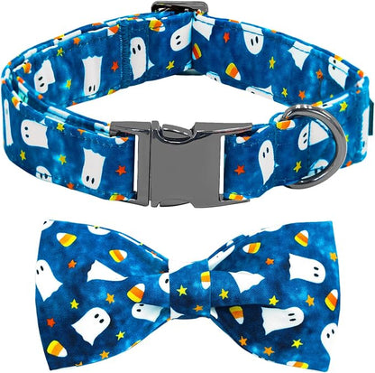 Halloween Dog Collar, Ghost Print Adjustable Pet Collar Blue Cute Cotton Soft by BoboRainbow