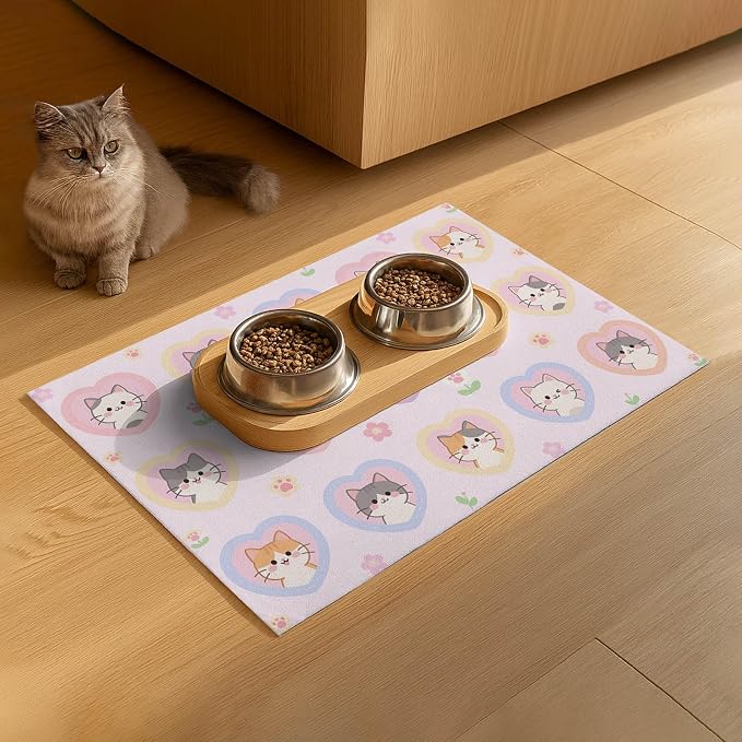 Cat Feedings Mats 20x12 inch Pink Heart Kitten Print Pet Bowl Placemat Non Slip - Image 9