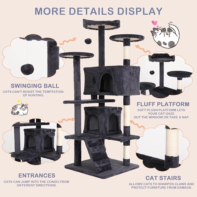 Heavy Duty Cat Tree Tower, Cat Condo, Hanging Ball, Light Grey - Image 4