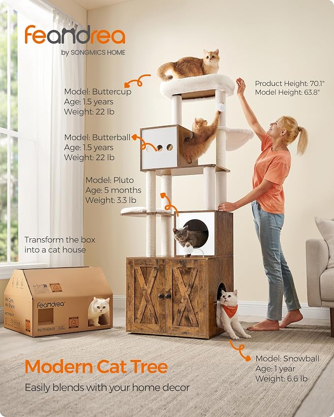Feandrea Cat Tree with Litter Box Enclosure, 70.1-Inch Tall Cat Tower, 2-in-1 - Image 2
