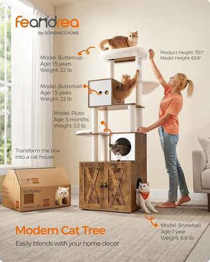 Feandrea Cat Tree with Litter Box Enclosure, 70.1-Inch Tall Cat Tower, 2-in-1 - Image 2