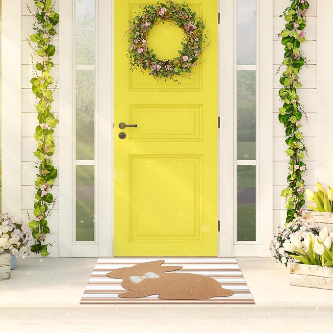 Tinideya 2 Pcs Bunny Door Mat Rabbit Welcome Non Slip Coir Mats Brown and White - Image 8